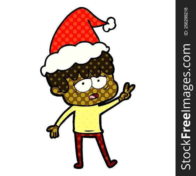 hand drawn comic book style illustration of a exhausted boy wearing santa hat