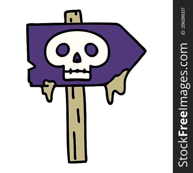 cartoon of a spooky halloween sign post with skull
