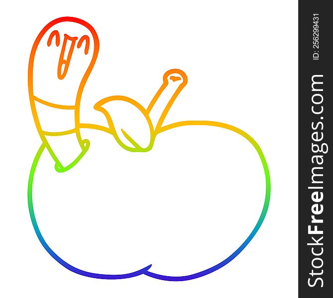 Rainbow Gradient Line Drawing Cartoon Worm In Apple