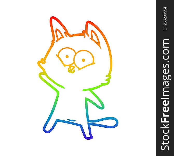Rainbow Gradient Line Drawing Cartoon Cat Waving