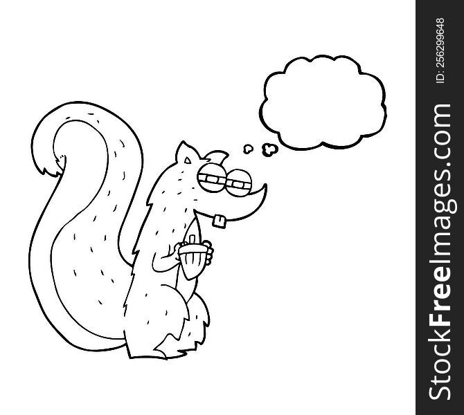 freehand drawn thought bubble cartoon squirrel with nut