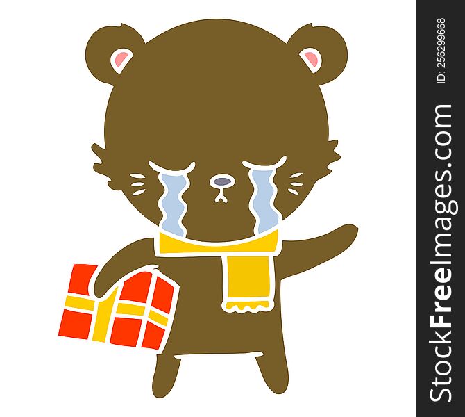 Crying Flat Color Style Cartoon Bear With Present