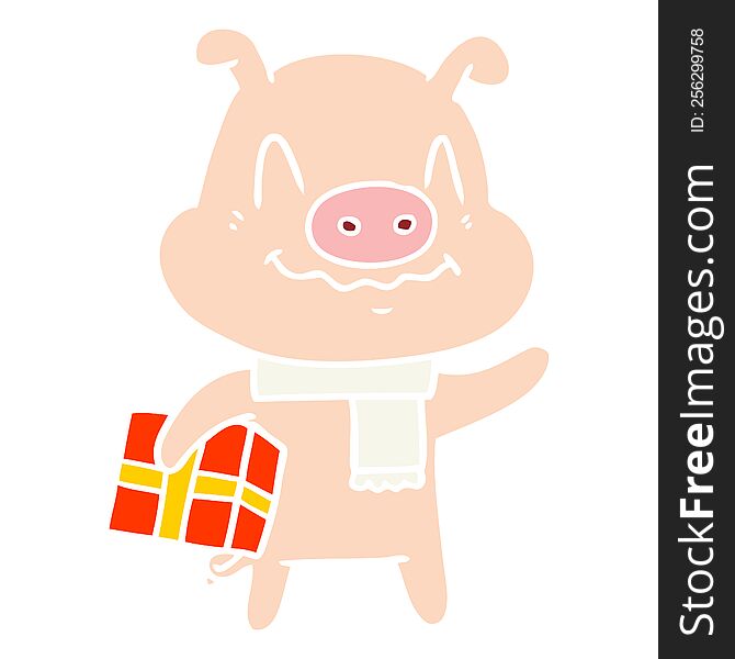 Nervous Flat Color Style Cartoon Pig With Present