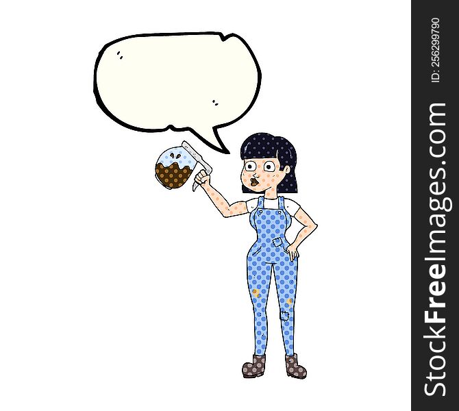 freehand drawn comic book speech bubble cartoon woman in dungarees with coffee