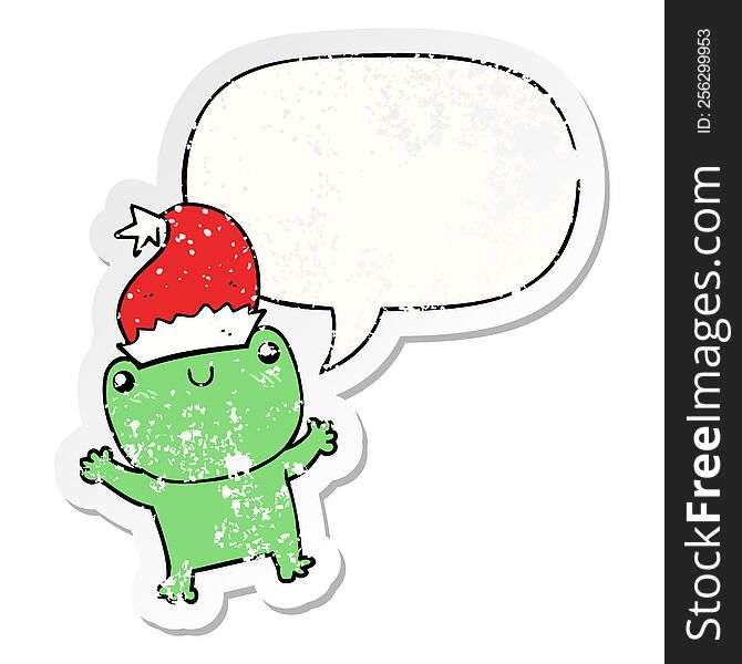 Cute Cartoon Frog Wearing Christmas Hat And Speech Bubble Distressed Sticker