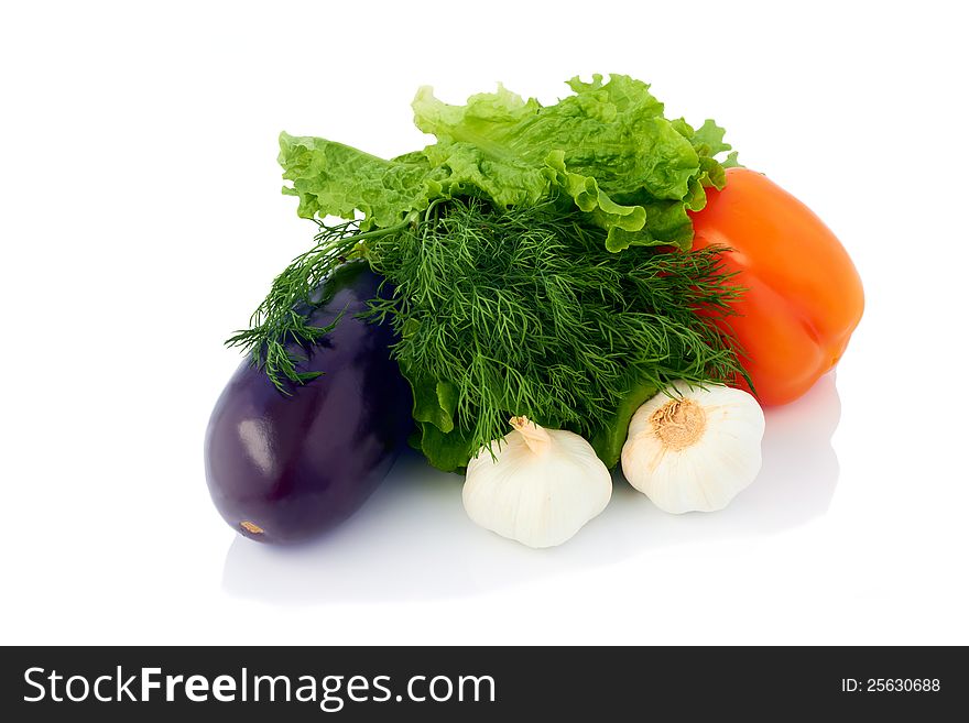 Fresh vegetables: pepper, salad, garlic, dill and eggplant isolated on white. Fresh vegetables: pepper, salad, garlic, dill and eggplant isolated on white