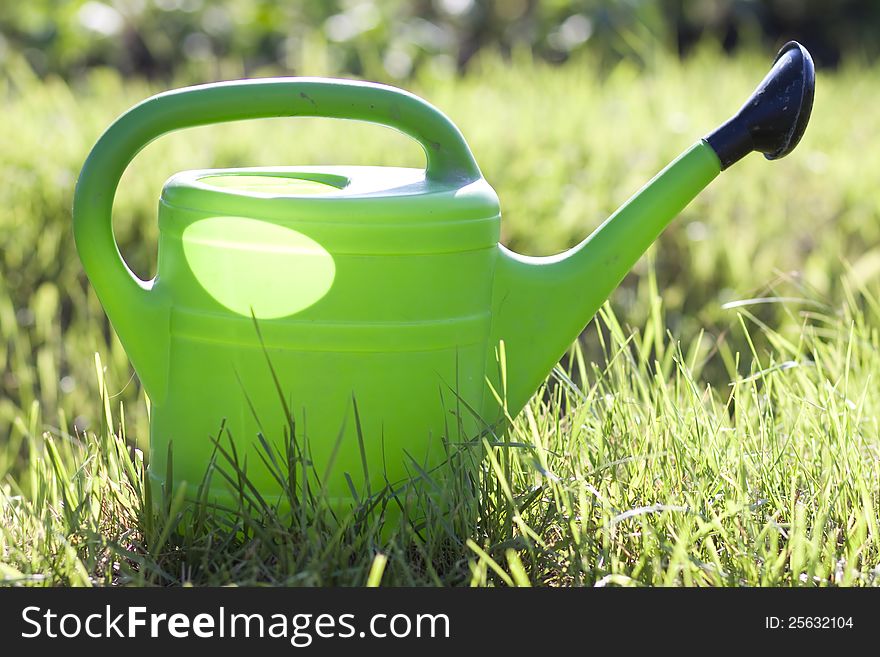 Green watering can in garden