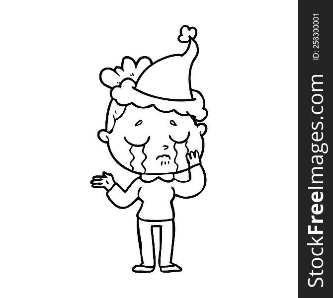 Line Drawing Of A Crying Woman Wearing Santa Hat