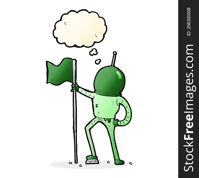 cartoon astronaut planting flag with thought bubble
