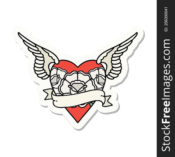 sticker of tattoo in traditional style of heart with wings flowers and banner. sticker of tattoo in traditional style of heart with wings flowers and banner