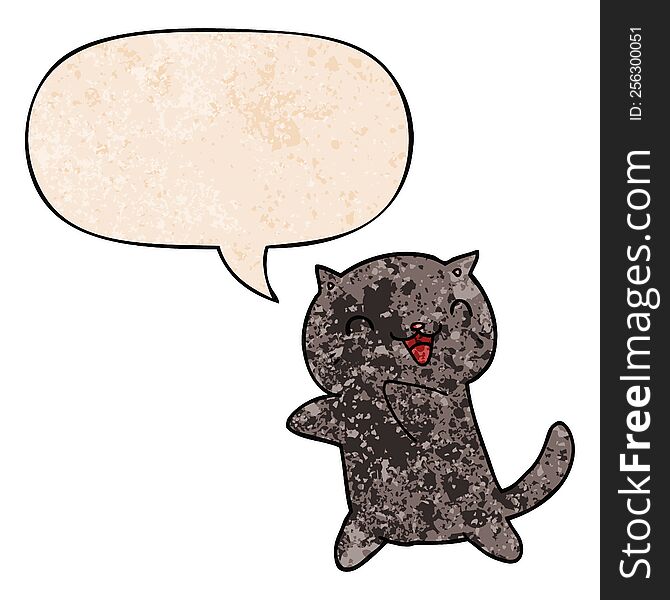 Cartoon Cat And Speech Bubble In Retro Texture Style