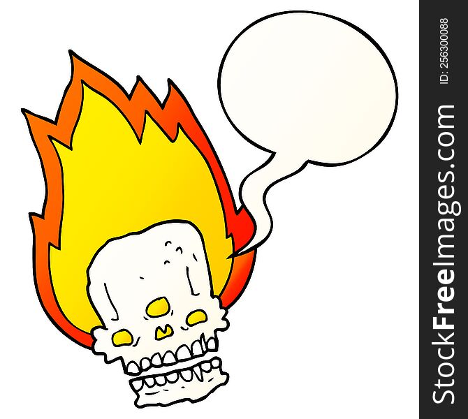 spooky cartoon flaming skull with speech bubble in smooth gradient style