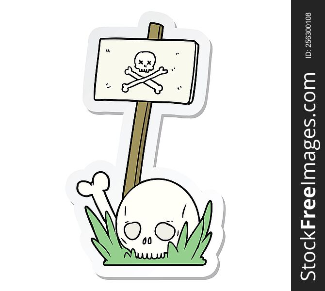 sticker of a cartoon skull bones and warning sign