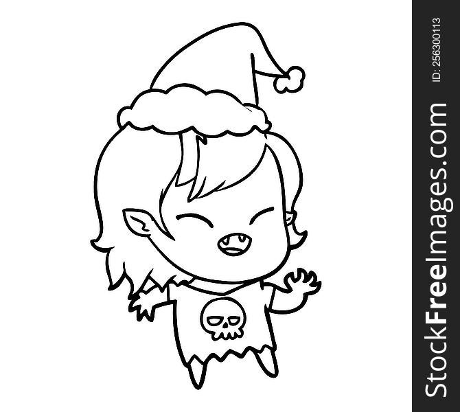 hand drawn line drawing of a laughing vampire girl wearing santa hat