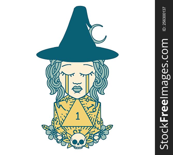 Crying Human Witch With Natural One D20 Dice Roll Illustration