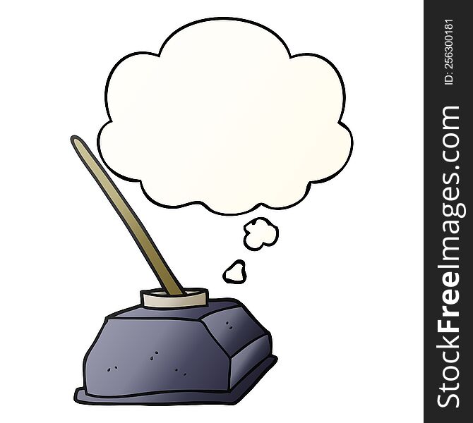 cartoon old ink pot and pen with thought bubble in smooth gradient style