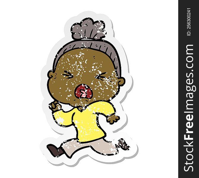 distressed sticker of a cartoon angry old woman