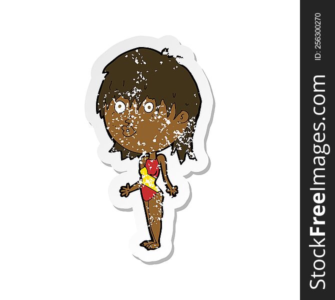 retro distressed sticker of a cartoon woman in swimsuit shrugging shoulders