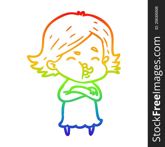 Rainbow Gradient Line Drawing Cartoon Girl Pulling Face