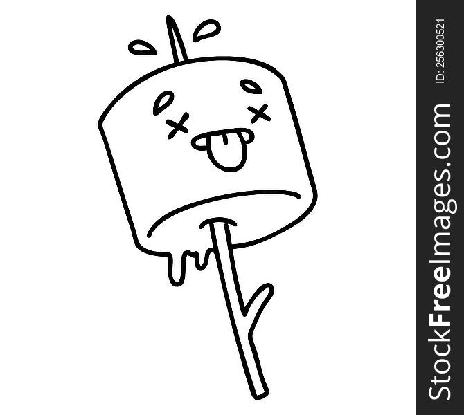 line doodle marshmallow impaled on a campfire stick. line doodle marshmallow impaled on a campfire stick