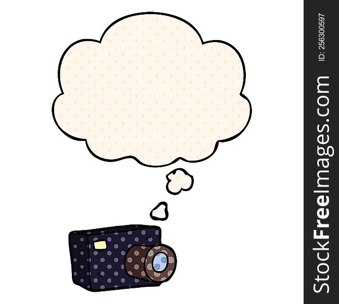 cartoon camera with thought bubble in comic book style