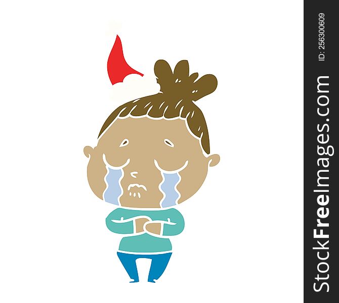 hand drawn flat color illustration of a crying woman wearing santa hat