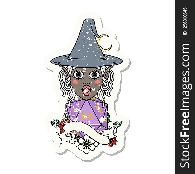 Retro Tattoo Style elf mage character with natural twenty dice roll. Retro Tattoo Style elf mage character with natural twenty dice roll