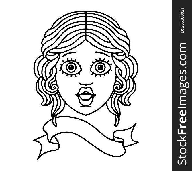 Black Linework Tattoo With Banner Of Female Face