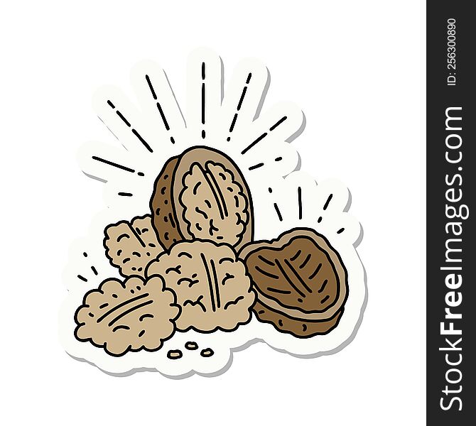 Sticker Of Tattoo Style Walnuts With Shell
