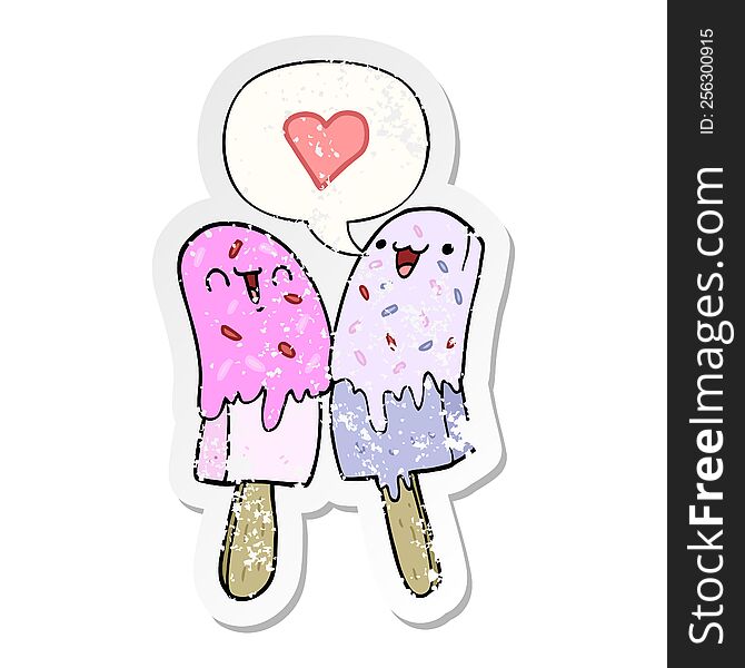 cartoon ice lolly in love with speech bubble distressed distressed old sticker. cartoon ice lolly in love with speech bubble distressed distressed old sticker