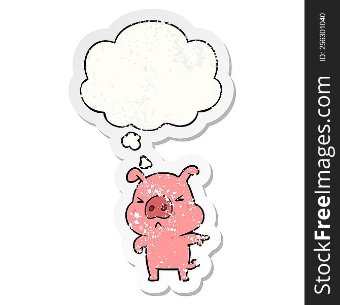 Cartoon Angry Pig And Thought Bubble As A Distressed Worn Sticker