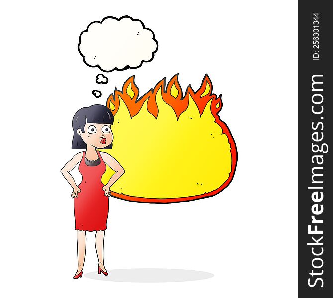 freehand drawn thought bubble cartoon woman in dress with hands on hips and flame banner