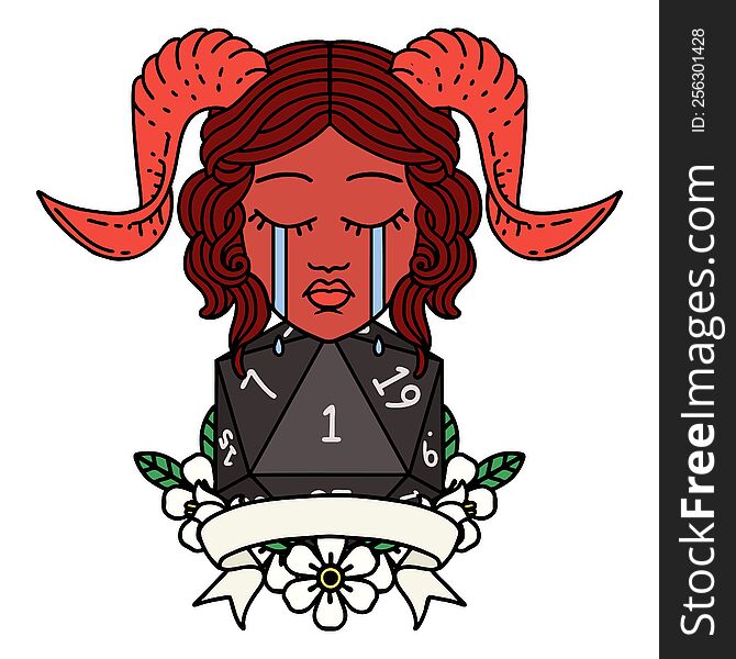 Retro Tattoo Style crying tiefling face with natural one d20. Retro Tattoo Style crying tiefling face with natural one d20