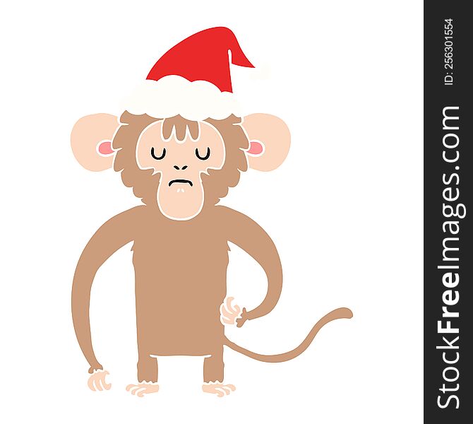 hand drawn flat color illustration of a monkey scratching wearing santa hat