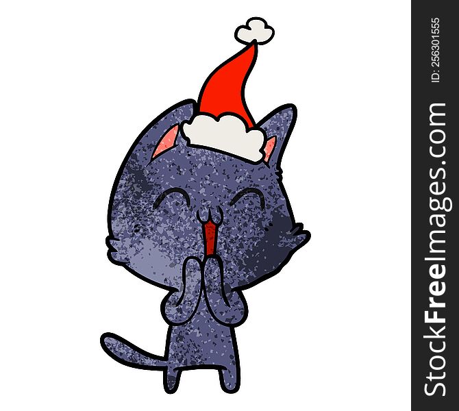 Happy Textured Cartoon Of A Cat Wearing Santa Hat