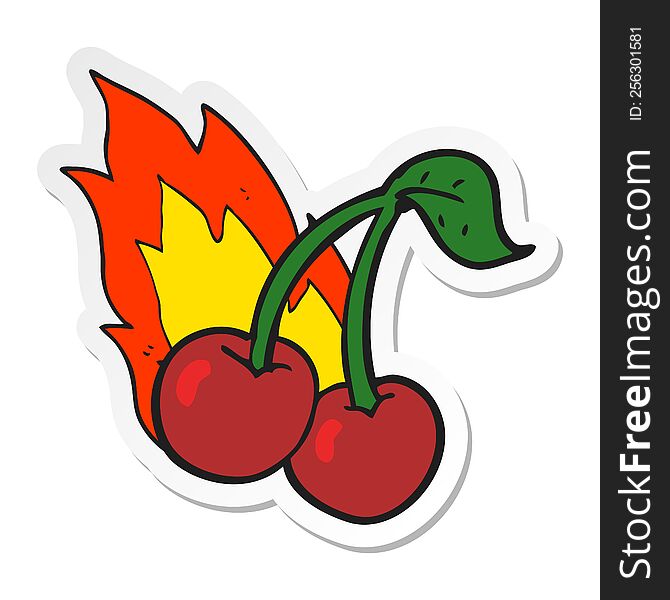 sticker of a cartoon flaming cherries