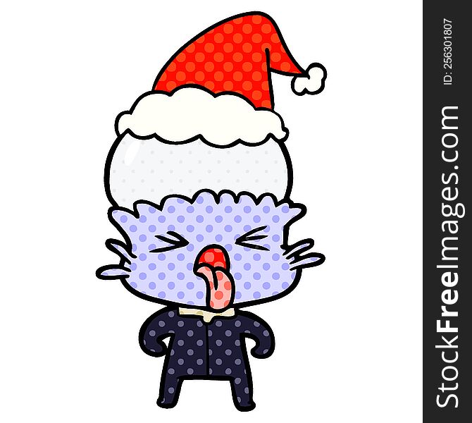 weird hand drawn comic book style illustration of a alien wearing santa hat