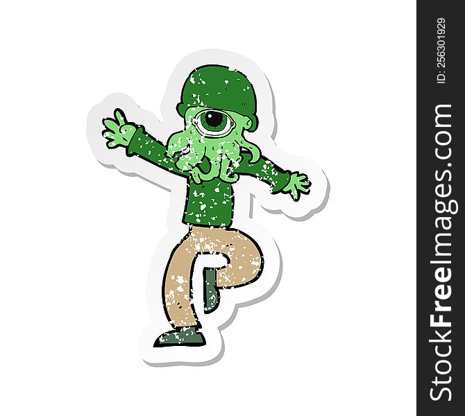 Retro Distressed Sticker Of A Cartoon Alien Monster Man