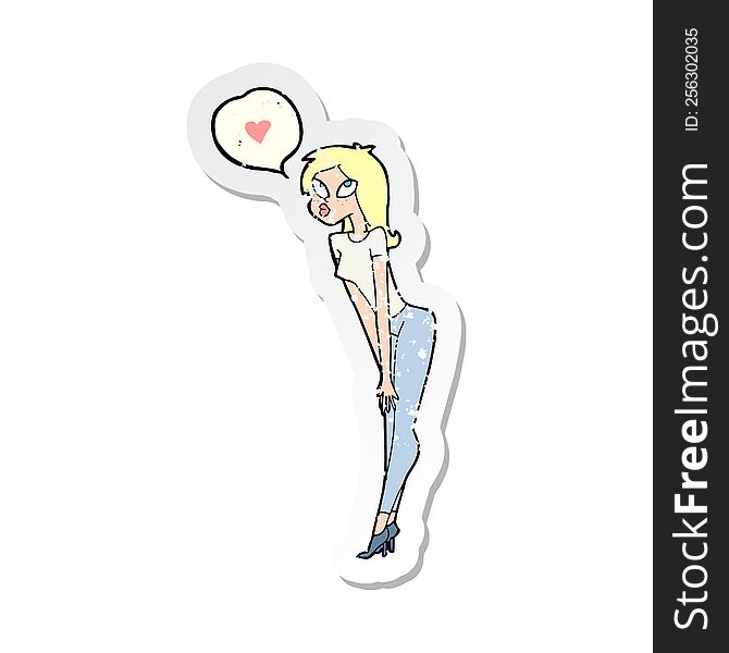 Retro Distressed Sticker Of A Cartoon Woman With Love Heart