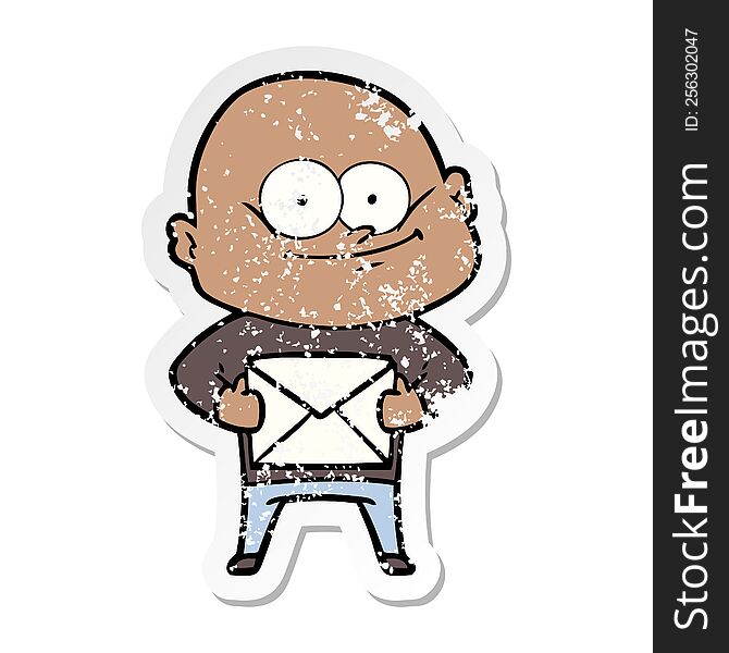 Distressed Sticker Of A Cartoon Bald Man Staring With Letter
