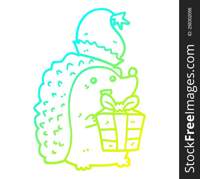 Cold Gradient Line Drawing Cartoon Hedgehog Wearing Christmas Hat