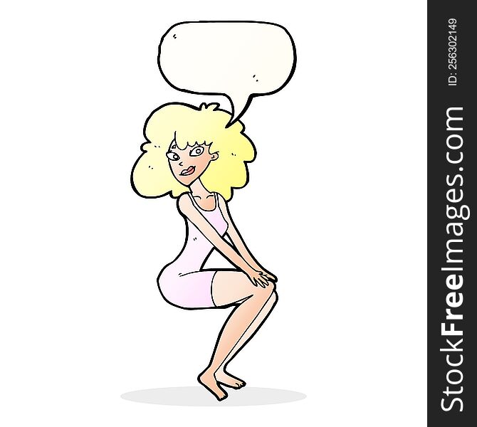 cartoon sitting woman in dress with speech bubble