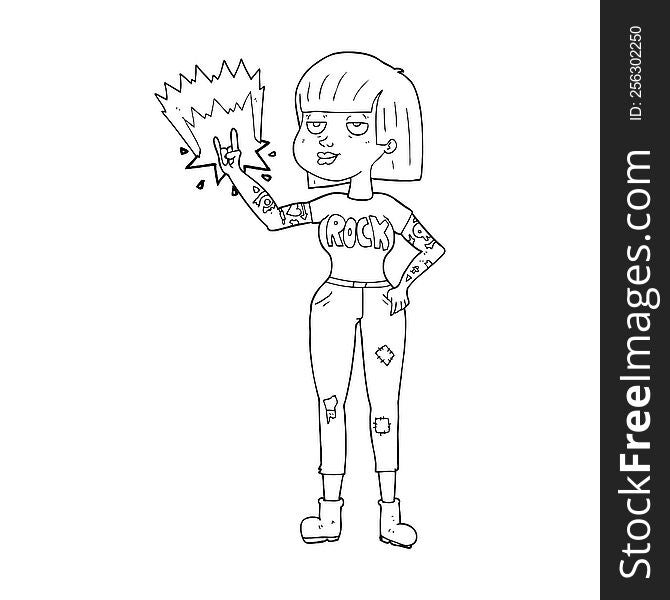 freehand drawn black and white cartoon rock girl