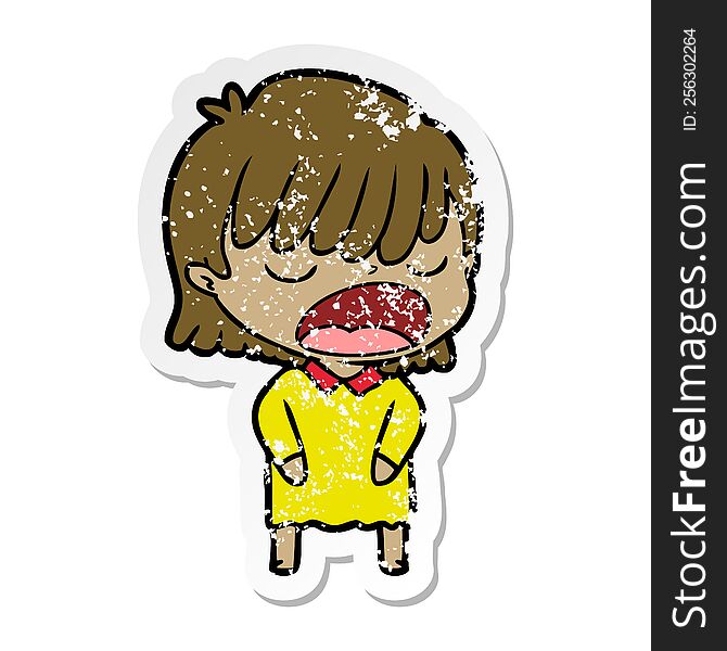 Distressed Sticker Of A Cartoon Woman Talking Loudly