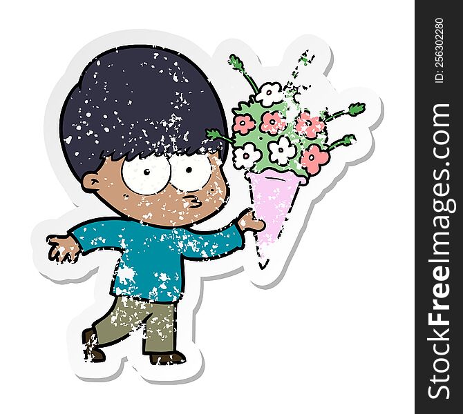 Distressed Sticker Of A Nervous Cartoon Boy With Flowers