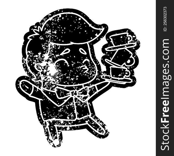 grunge distressed icon of a kawaii cute waiter. grunge distressed icon of a kawaii cute waiter