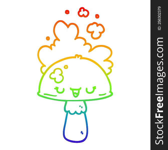Rainbow Gradient Line Drawing Cartoon Mushroom With Spoor Cloud
