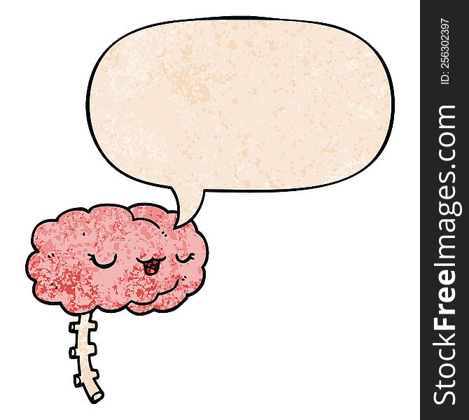 happy cartoon brain with speech bubble in retro texture style