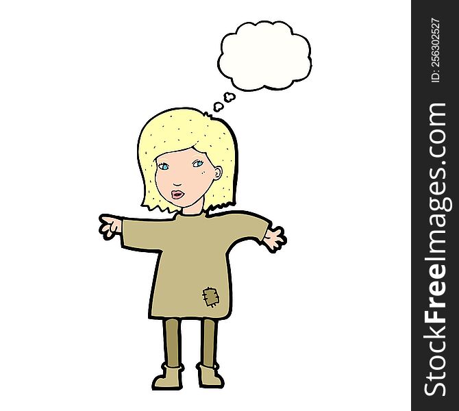 cartoon woman in patched clothing with thought bubble