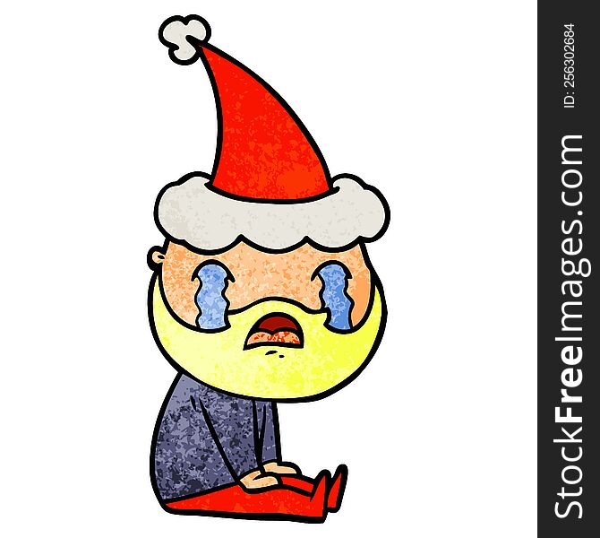 Textured Cartoon Of A Bearded Man Crying Wearing Santa Hat